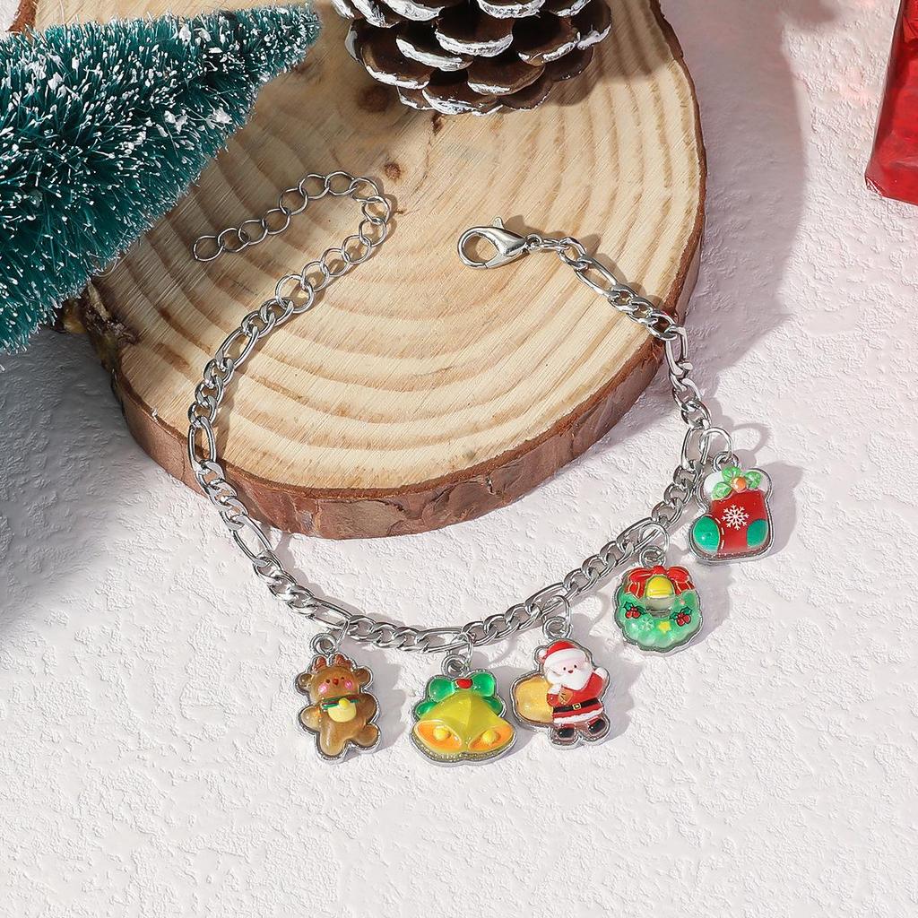 European & American Christmas Cartoon Charm Bracelet with Santa Claus, Bell, and Tree Pendants