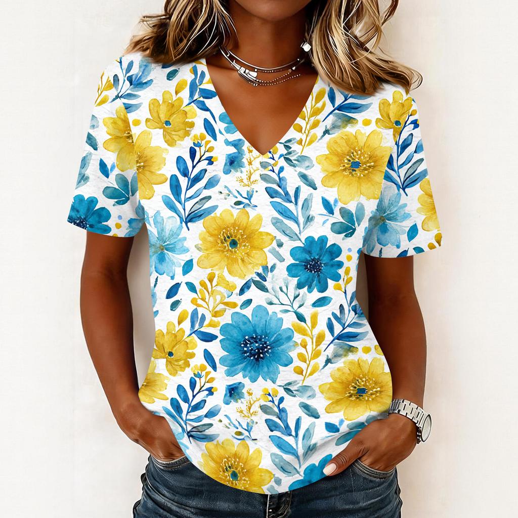 Women's fashionable casual short-sleeved floral print V-neck pullover top