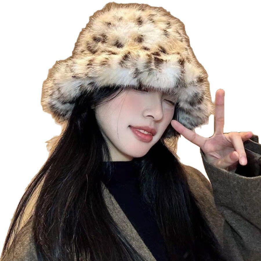 Korean Version, Leopard Print, Plush Fisherman Hat, Female, Autumn and Winter New Style, Small Face, Ear Protection Hat, Thick and Warm, Faux Fur Hat