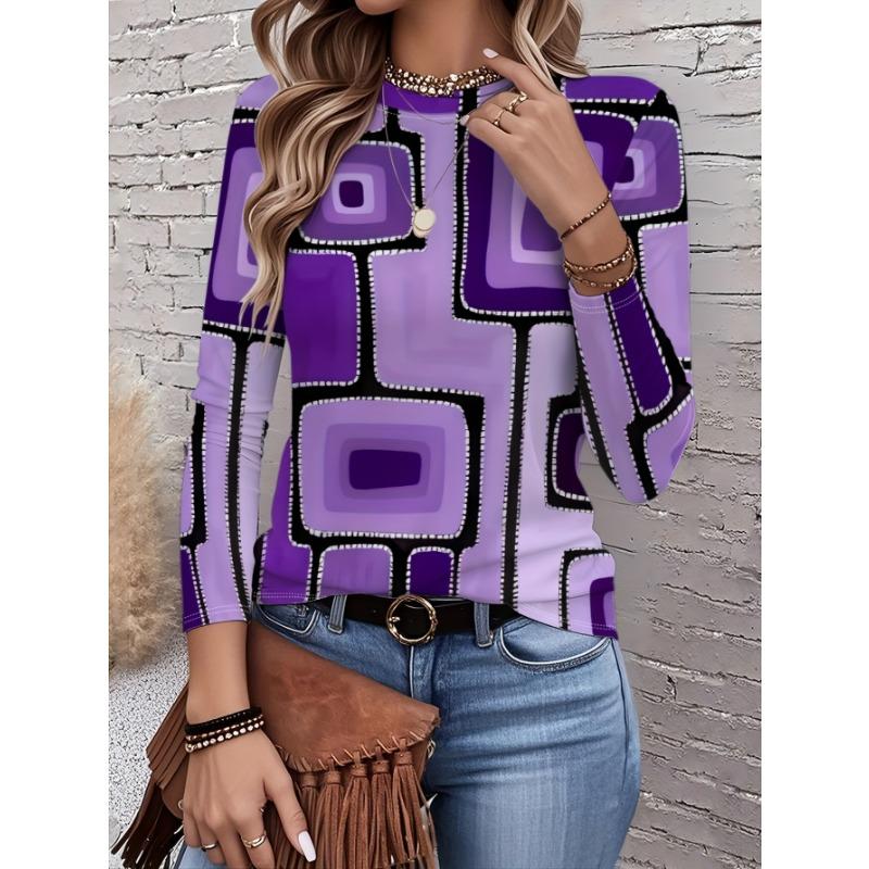Brightly Colored Checkered Pattern Women's Round Neck Long-sleeved Top, a Stylish and Casual Everyday Look, a New Style.