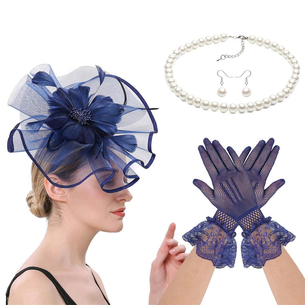 4IN1 Costume Tulle Hair Accessories Fascinator Hat Gloves Necklace Set For Equestrian Event Formal Occasion Dressingup