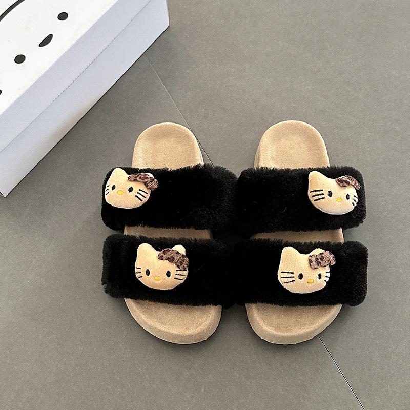 

Cute cartoon word with KT cat flat bottom fluffy slippers women s 2025 autumn and winter suede indoor home thick bottom slippers 35 чёрный