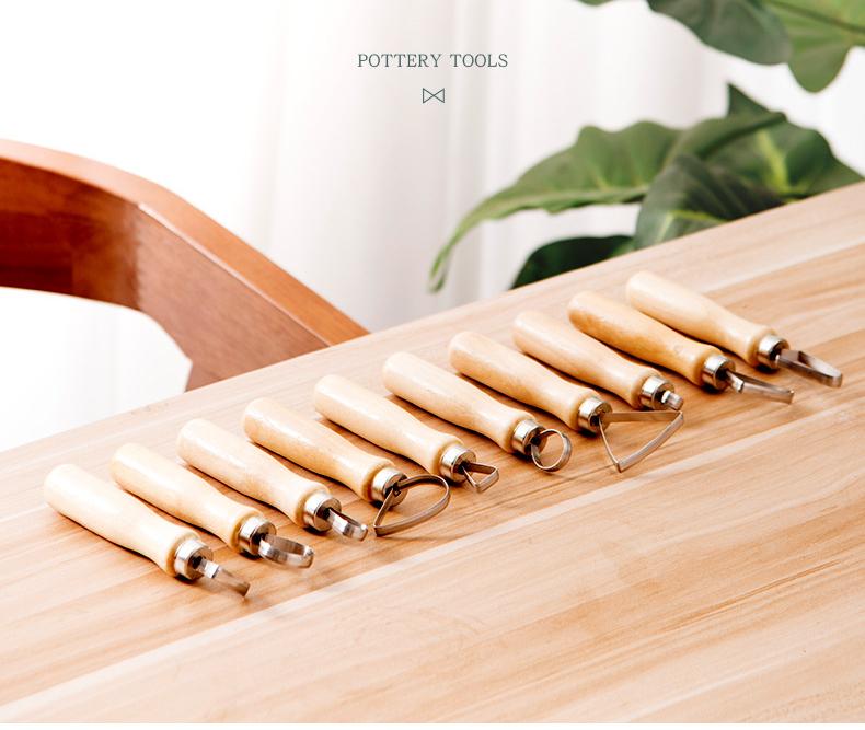 10 Pieces of Stainless Steel Pottery Repairing Scraper Wooden Handle Single-headed Clay Carving and Shaping Props