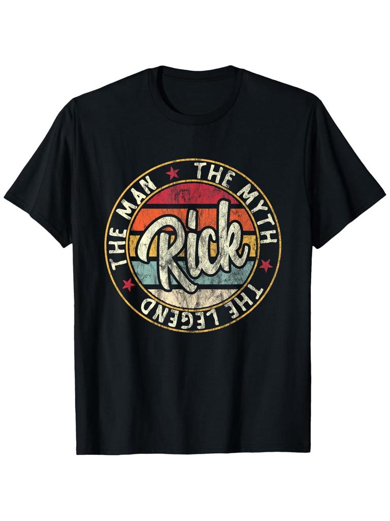 Rick Mens Mythical Legendary Pattern Tshirt for both men and women black with colorful printed star stripe flag design