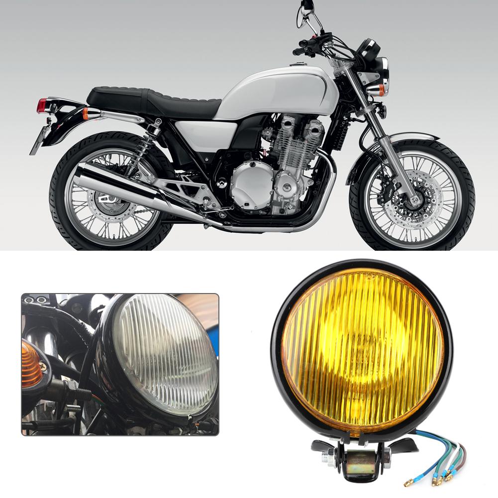 Vintage Retro Style Headlight Universal Motorcycle Headlamp Motorbike Modification AccessoryBlack Shell, Yellow Glass
