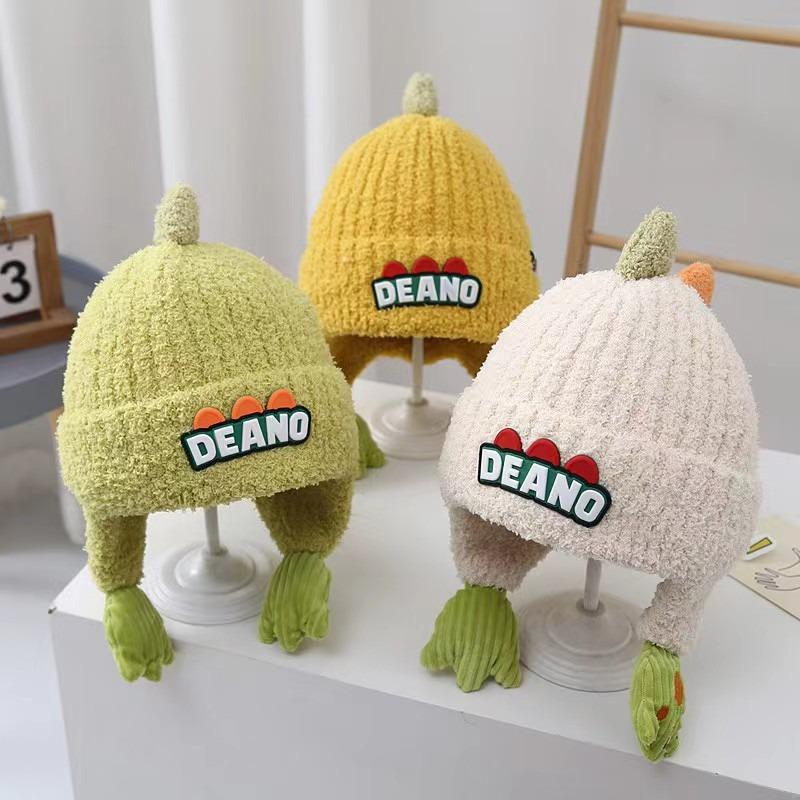 Winter children's hat cute cartoon dinosaur plush hat thickened windproof warm hat baby ear hat pullover hat