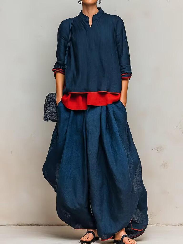 2026 Europäischer & Amerikanischer Damen Baumwoll-Leinen Anzug mit Stehkragen: Doppellagiges Patchwork-Oberteil mit drapierter weiter Laternenhose - Zweiteiliges Set.