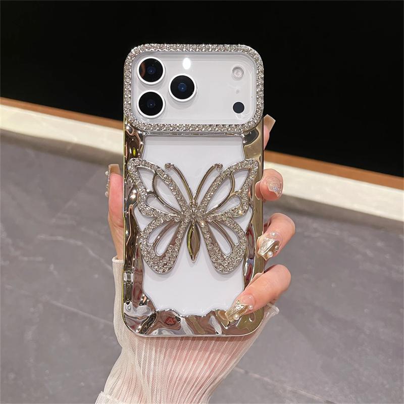 Luxury TPU Plating Diamond Butterfly Phone Case For iPhone 17 16 15 14 13 12 11 Pro Max Plus Shockproof Hollow Out Hard Cover