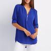 Plus Size Women Solid Color Loose Zipper V Neck Long Sleeve Chiffon Blouse Shirt