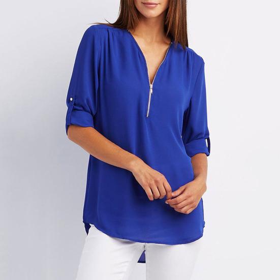 Plus Size Women Solid Color Loose Zipper V Neck Long Sleeve Chiffon Blouse Shirt