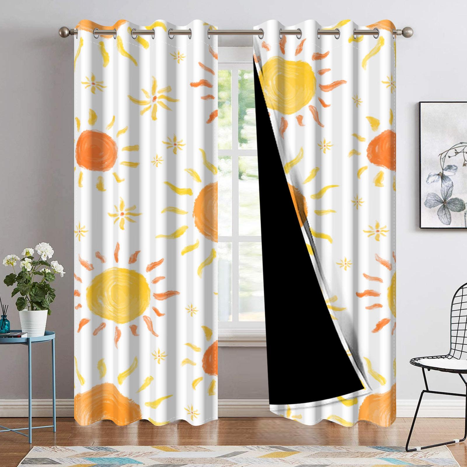 

Set Of 2 Yellow Sunburst Window Curtains Children Bedroom Cute Pattern Home Interior Daily Room Curtain Light Blocking Polyester Ideal For Decor W100*H70(CM)-Hooks&1PCS