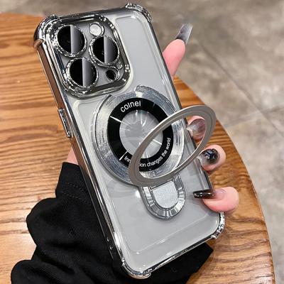 Plating Magnetic Ring Bracket Transparent Case For iPhone 15 14 Plus 13 12 11 Pro Max For Magsafe Stand Holder Shockproof Cover