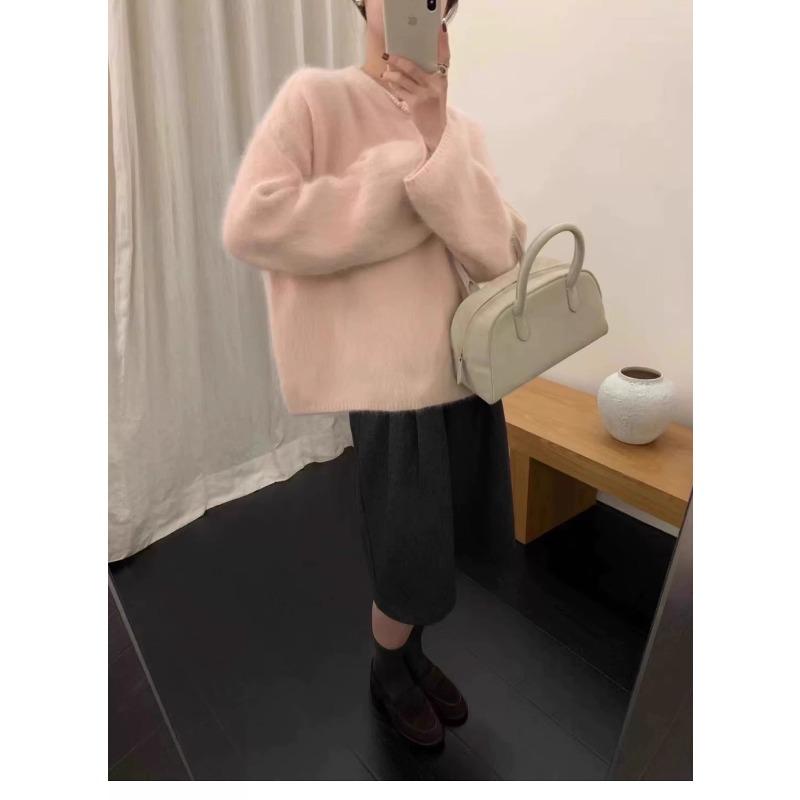 Lemon yellow round neck mohair sweater autumn and winter versatile temperament mink fleece soft waxy knitted sweater