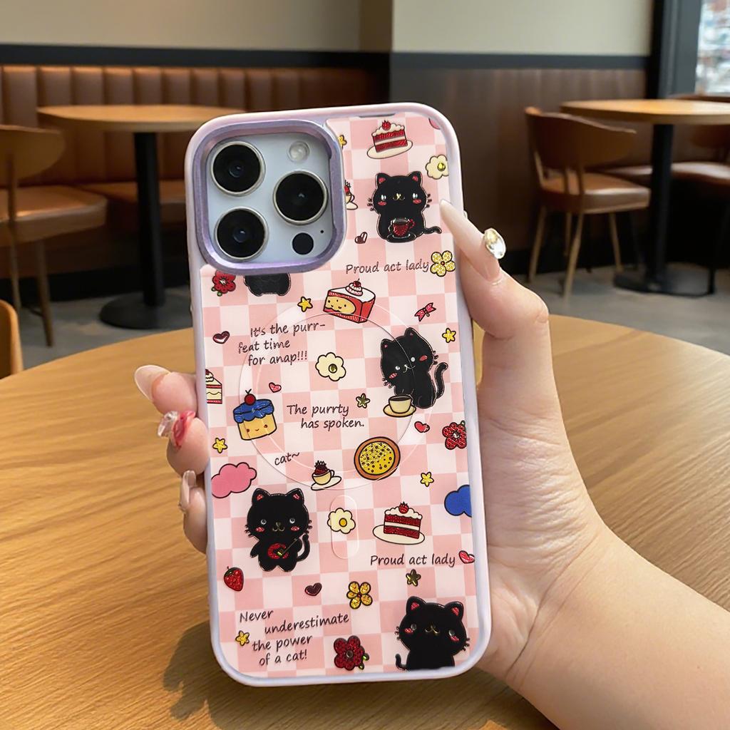 For iPhone 16 Pro Magnetic Case TPU PC Phone Cover with Detachable Happy Black Cat Backplate