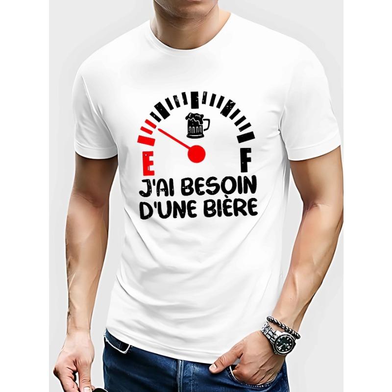 European Size Men's Funny French "J' Besoin 'un Bière" Beer T-Shirt - Casual Short Sleeve Summer Top with French Phrase&Beer, Machine Round Neck Shirt