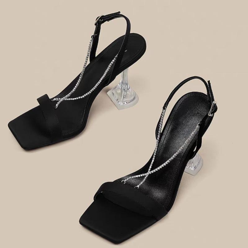 

Fashion Sandals Summer New Square Head Open Toe Suede Crystal Metal Chain Metal One-button Non-slip Wear-resistant High Heels 40 чёрный