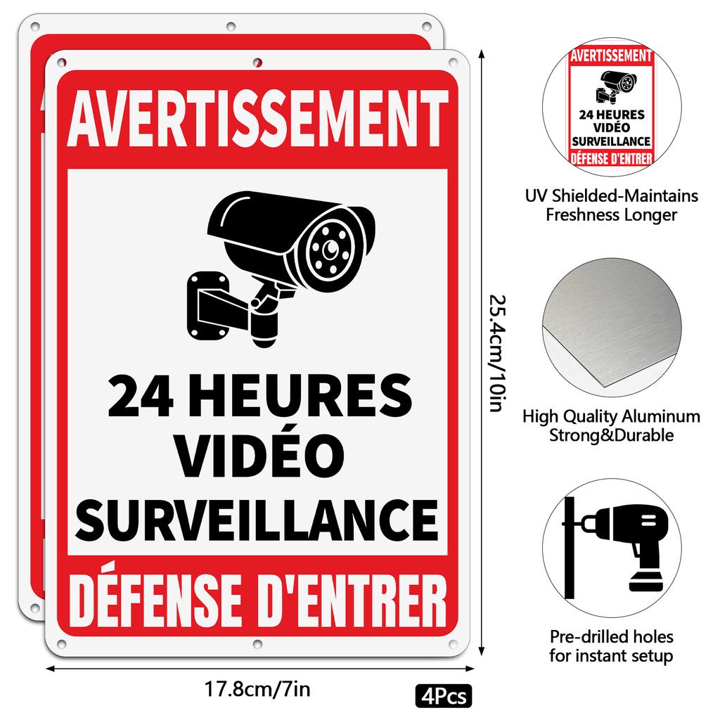 4 Packs VidéO Surveillance DéFense D'Entrer Sign Pancarte Video Surveillance Signs 10""X 7"" No Trespassing Reflective Warning S