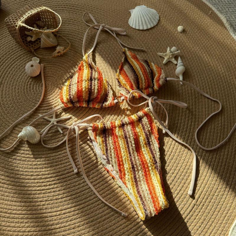 Women's Multicolor Striped Textured Halter Tie Two-Piece Bikini Swimsuit