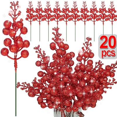 Rama de bayas artificiales con purpurina de 14 cabezas, árbol de Navidad, flores de acebo rojo, ramo de plantas falsas, decoración para fiesta de Navidad y hogar.