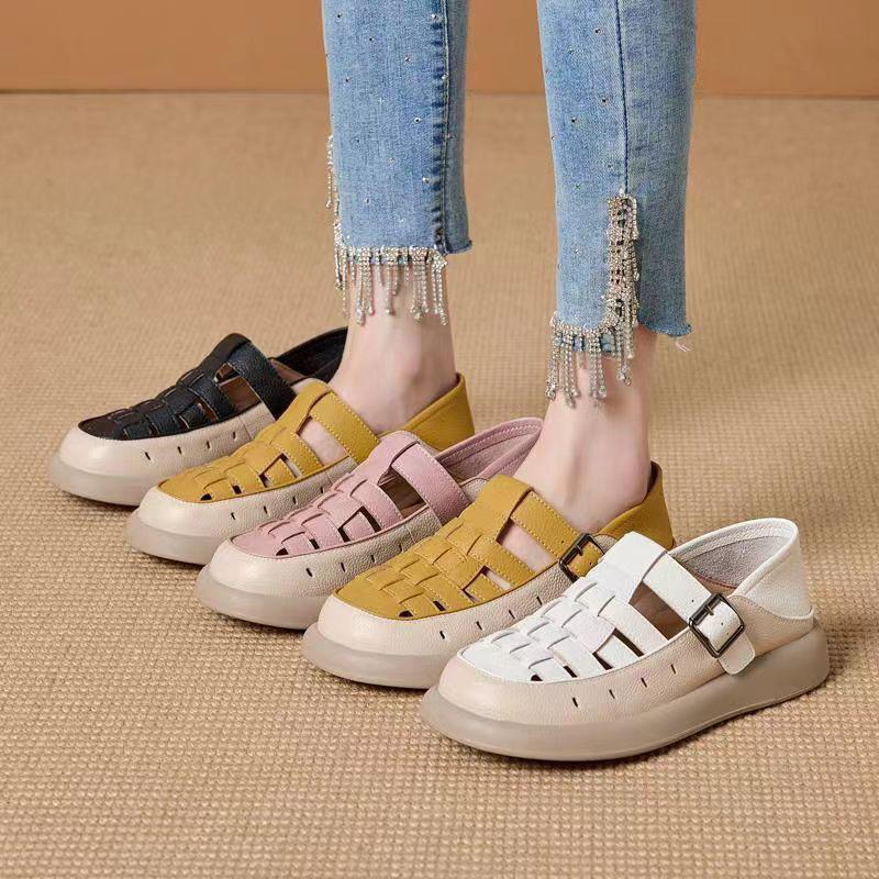 Sandalias Retro de Cuero Suave Transpirable de Punta Cerrada para Mujer Verano 2025