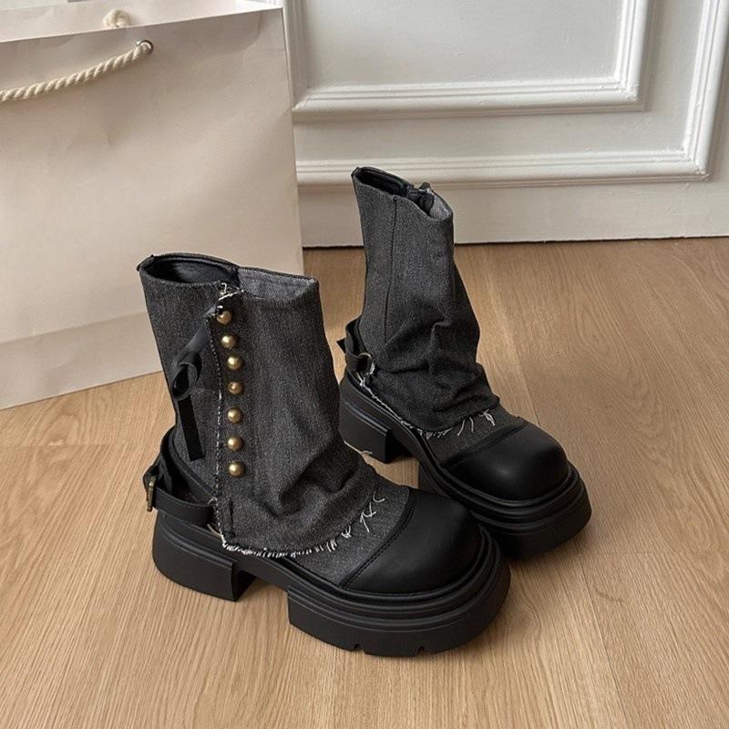 British Style Platform Soles Thick Heel Trousers Boots Boots Women's 2025 New Summer and Autumn with Skirts Western Denim Martin Boots