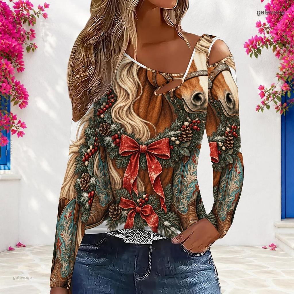 Women Plus Size Asymmetric Cutout Neck Cold Shoulder Long Sleeve Christmas Cowboy Boot Print Top