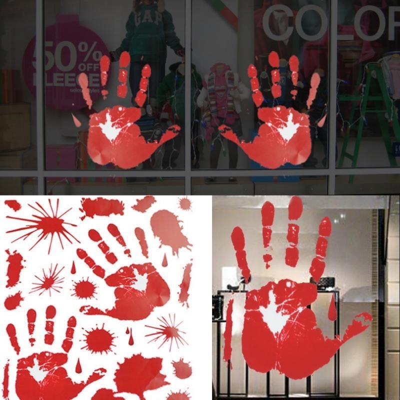 62KD Halloween Bloody Hand Print Window Clings Stickers Party Decorations Prop Sheet