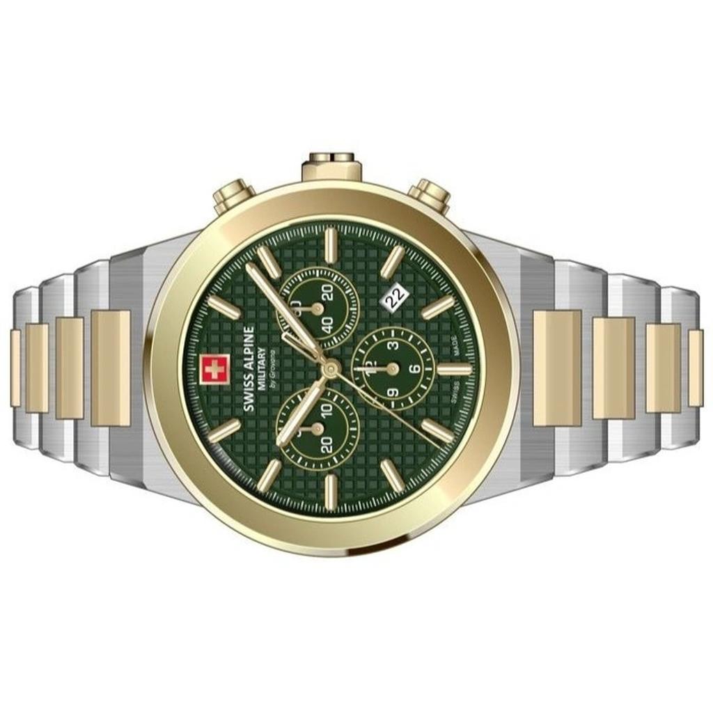 Swiss Alpine Military Pioneer Chronograph Two Tone Stainless Steel Green Dial Quartz 7048.9144 100M Men's Watch