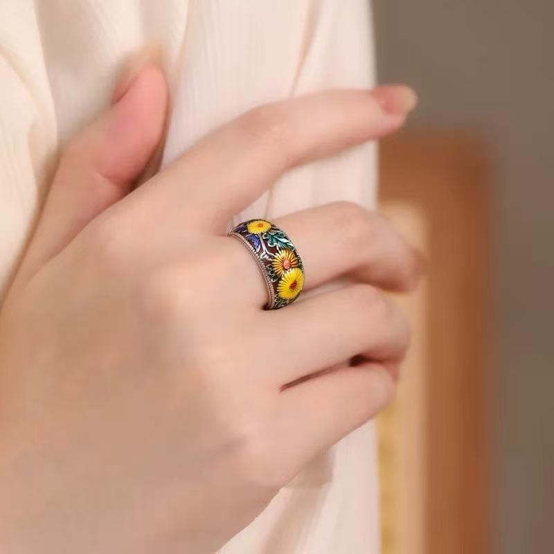 Cloisonne enamel sunflower open ring, retro ethnic style