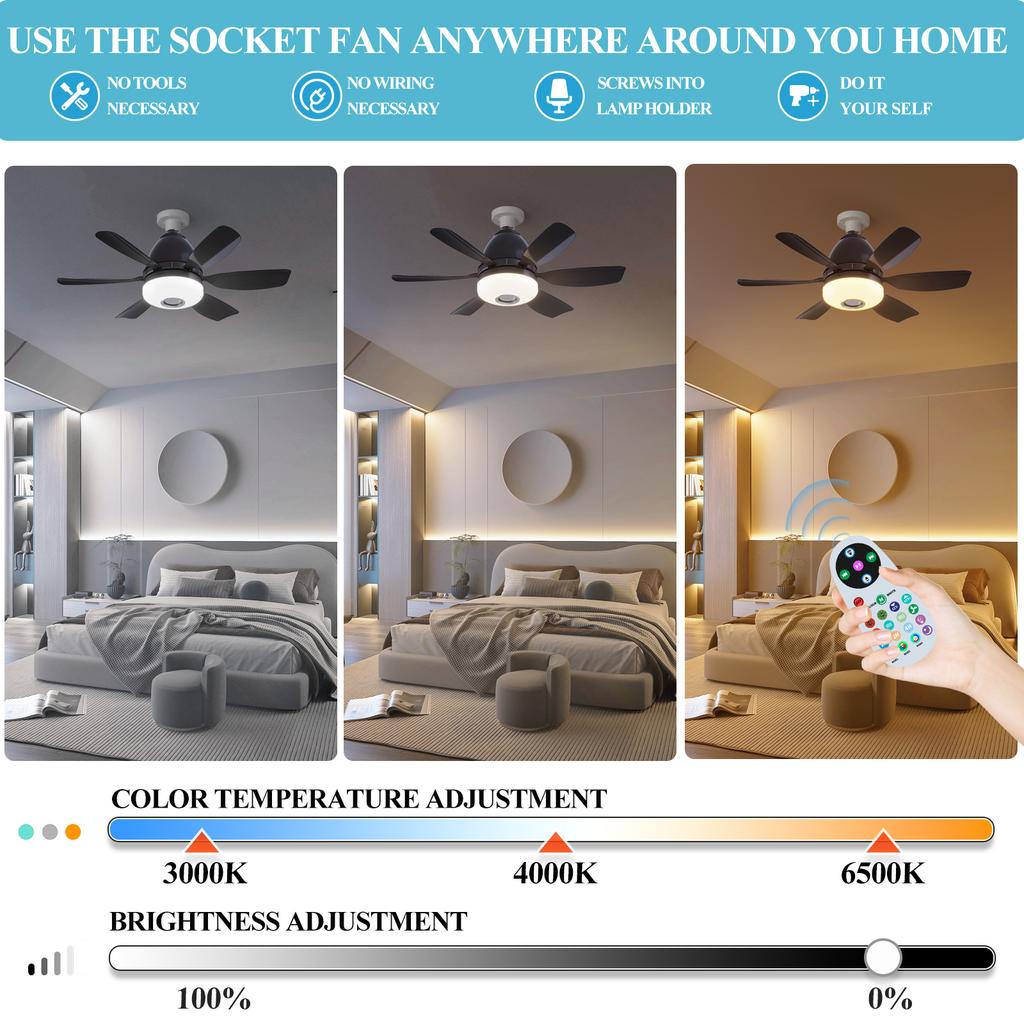 Socket Ceiling Fan With RGB LED Light And Remote Control E27 Screw Ceiling Fans Lamp With Bluetooth Speaker For Bedroom Lighting