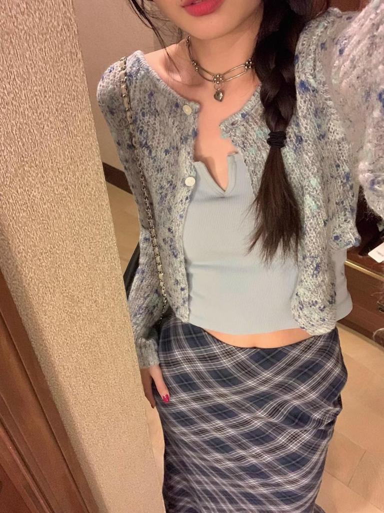Women's Retro Blue Plaid High-Waist Fishtail Skirt – Korean Style, Slimming Mid-Length, Versatile for Autumn