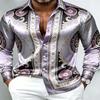 Men Silky Satin Button‑Down Shirt Vintage Silver Baroque Medallion Pattern Long Sleeve Turn‑Down Collar Male Banquet Party Casua