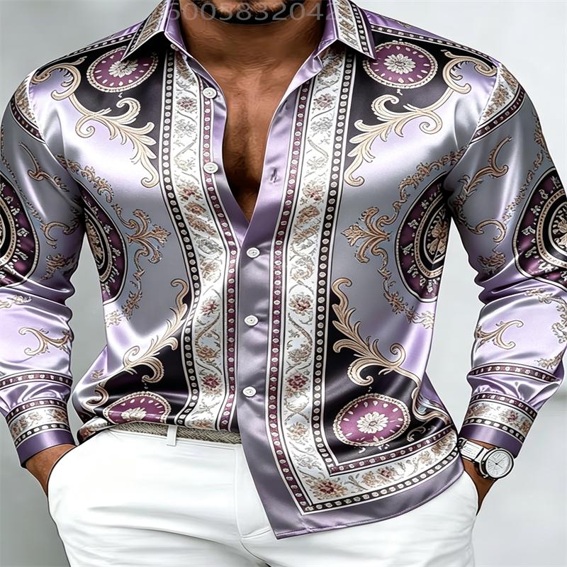 Men Silky Satin Button‑Down Shirt Vintage Silver Baroque Medallion Pattern Long Sleeve Turn‑Down Collar Male Banquet Party Casua