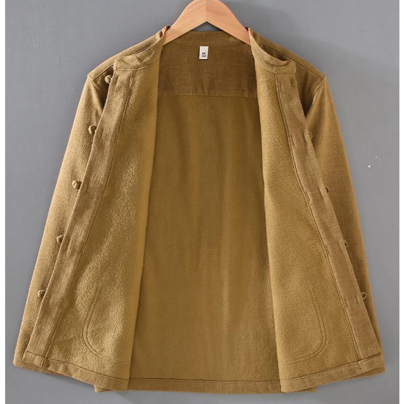 Winter Warm Men Shirt Cotton Linen Thicken Casual Coat Stand Collar Disc Buckle Shirt Grey Fleece Jacket Chinese Traditional Clothing