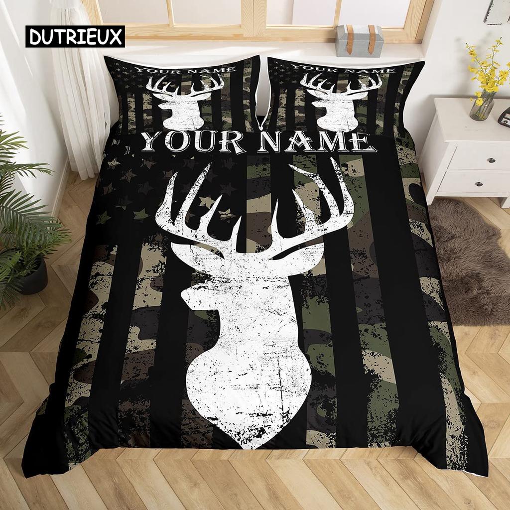 Camo Deer Duvet Cover Set Antlers Arrow Pattern Bedding Set Stripes Gird Camouflage Comforter Cover Microfiber King Quilt Cover