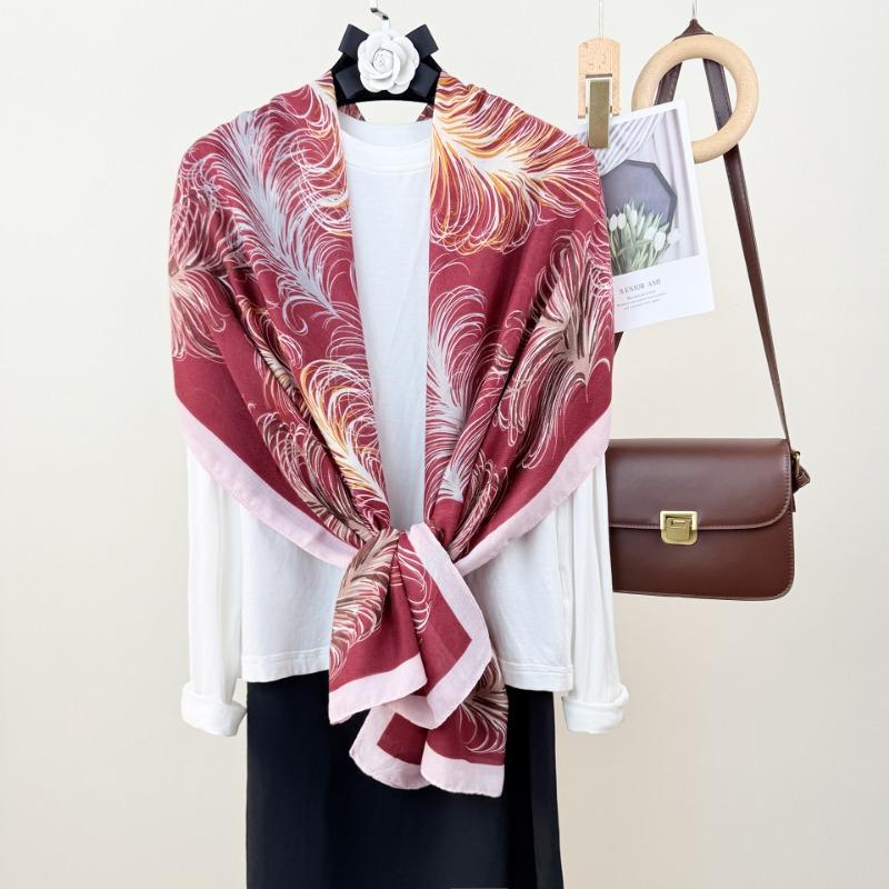 Personalized design Feather printing cotton and linen long towel retro literary and artistic fan women's temperament high value scarf