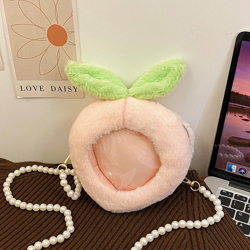 Trendy 2024 Summer Plush Cartoon Crossbody Bag With Pearl Chain For Girls Peach