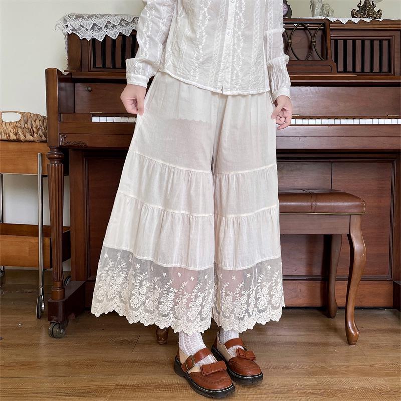 Damen Japanese Style Baumwolle Leinen Spitze Patchwork Weitbeinige Hosen