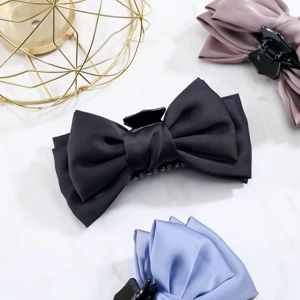 Hair clip silk ribbon black handmade elastic large