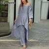 Moda Donna Casual Taglie Forti Set Irregolare Manica Lunga Pantaloni a Gamba Larga Completo Due Pezzi