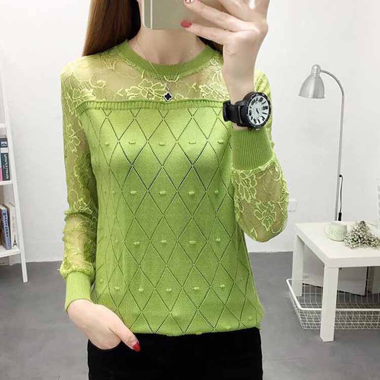 

Женская футболка с круглым вырезом и кружевным подшерстком из ледяного шелка с длинными рукавами, свободная универсальная тонкая вязаная рубашка, топ XXL зелёный