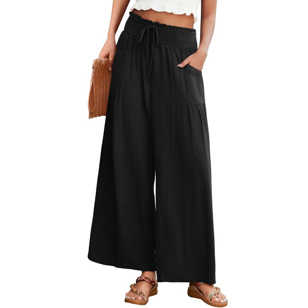 Women Elastic High Waist Pant Casual Fit Wide Leg Long Pants Trousers With Pockets