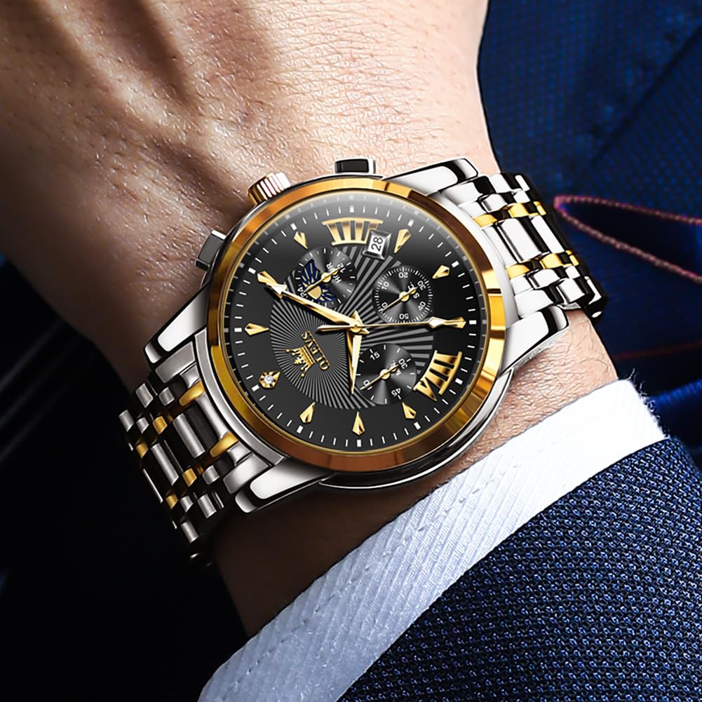 OLEVS Fashion Chronograph Watch Business Popular Brand Large Easy To Read Analog Waterproof Quartz Arm Watch Men's Men's (Black/White-2892)
