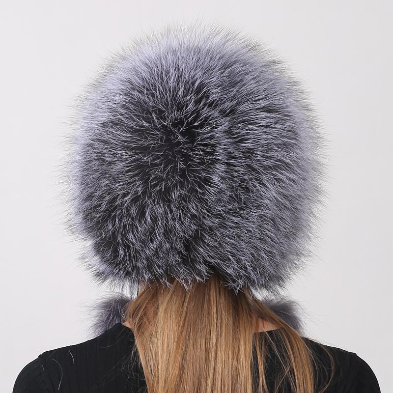 New Fashion Women's Fur Hat Fluffy Furry 2 Balls Knitted Natural Real Fox Fur Bomber Hats Warm Trapper Hat
