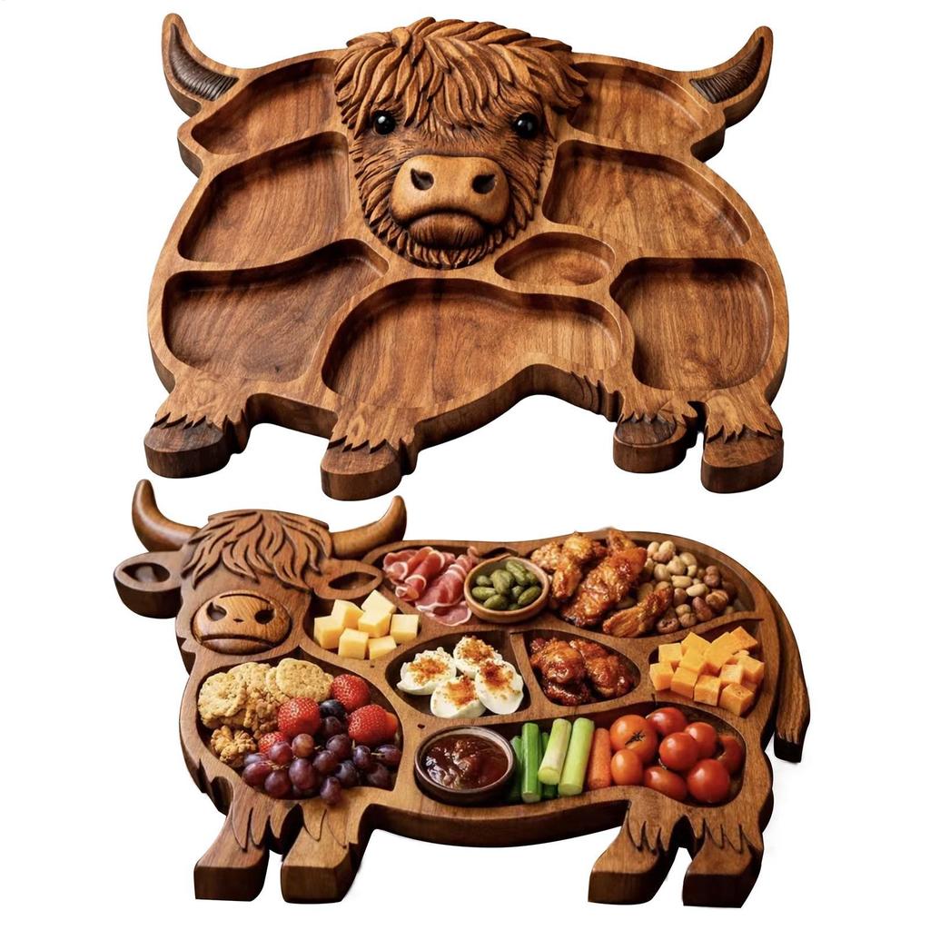 Dřevěná charcuterie deska s motivem krav z hor, s přihrádkami na svačinu, ovoce, maso, sýr, servírovací tác, venkovský styl, rodinná oslava