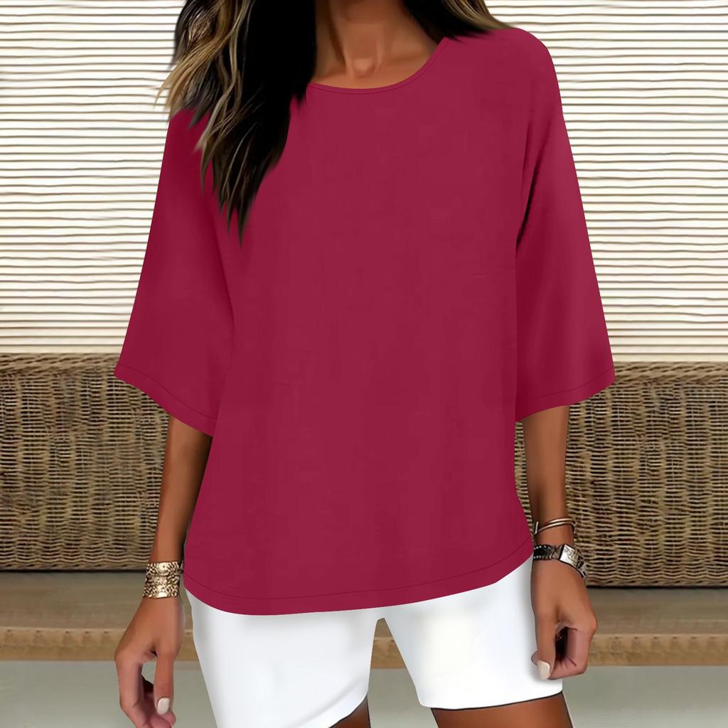 Women's Fashion Solid Color Casual T-Shirt Seven Sleeve Round Neck Cotton Top