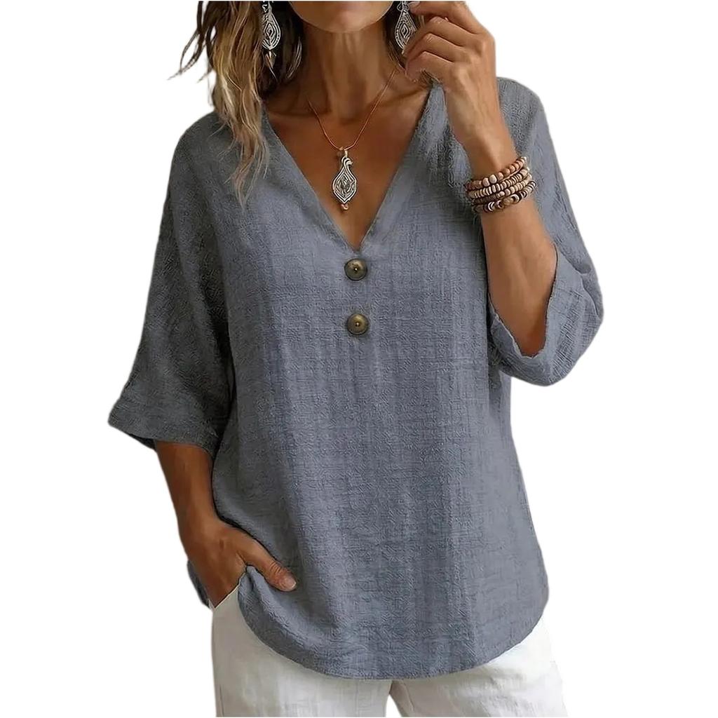 Women V Neck Button Front Loose Fit Casual Blouse Three Quarter Sleeve Lightweight Top for Everyday Wear