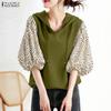 ZANZEA Women Casual Polka Dot Print Splice 3/4 Sleeve Loose Hoodies Blouse