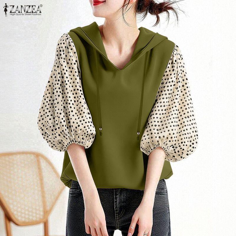 ZANZEA Femei Casual Imprimeu Buline Splice Mânecă 3/4 Hanorac Lejer Bluză