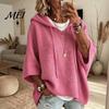 Fall Pullover Sweater Autumn Women Knit Sweater, Loose Fit Drawstring Hooded Solid Color 3/4 Sleeve Drop Shoulder Casual Long Tops